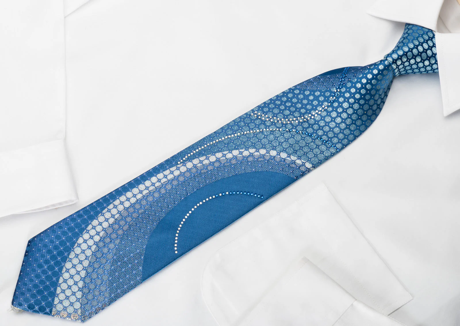 Yezak Silk Rhinestone Necktie Silver Geometric On Blue With Silver Sparkles - Image 5