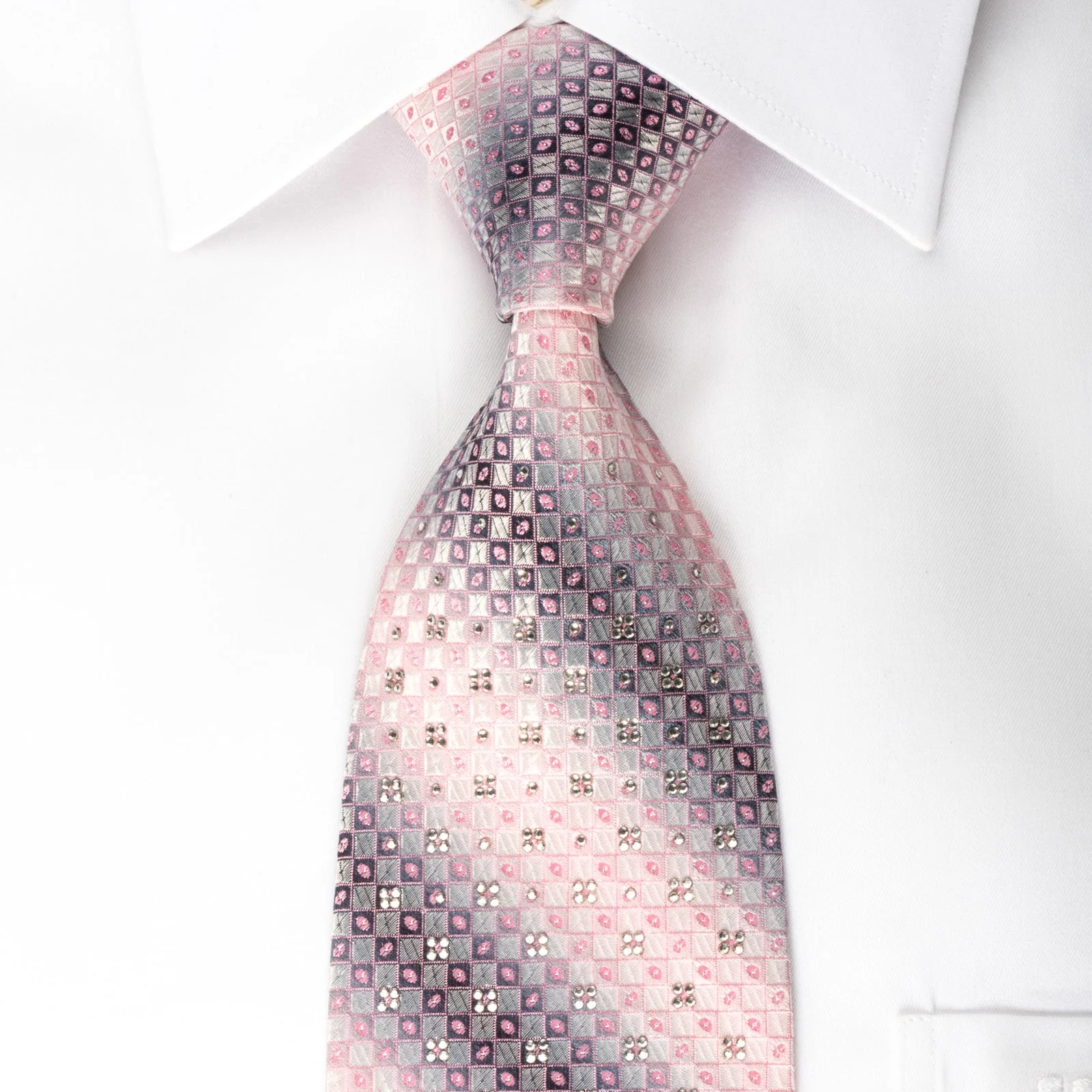 Yezak Silk Rhinestone Necktie Silver Pink Checkered With Sparkles