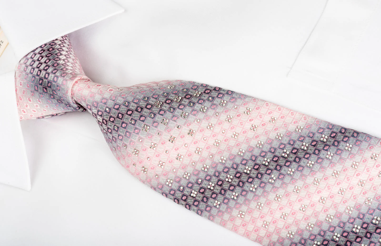 Yezak Silk Rhinestone Necktie Silver Pink Checkered With Sparkles - Image 3