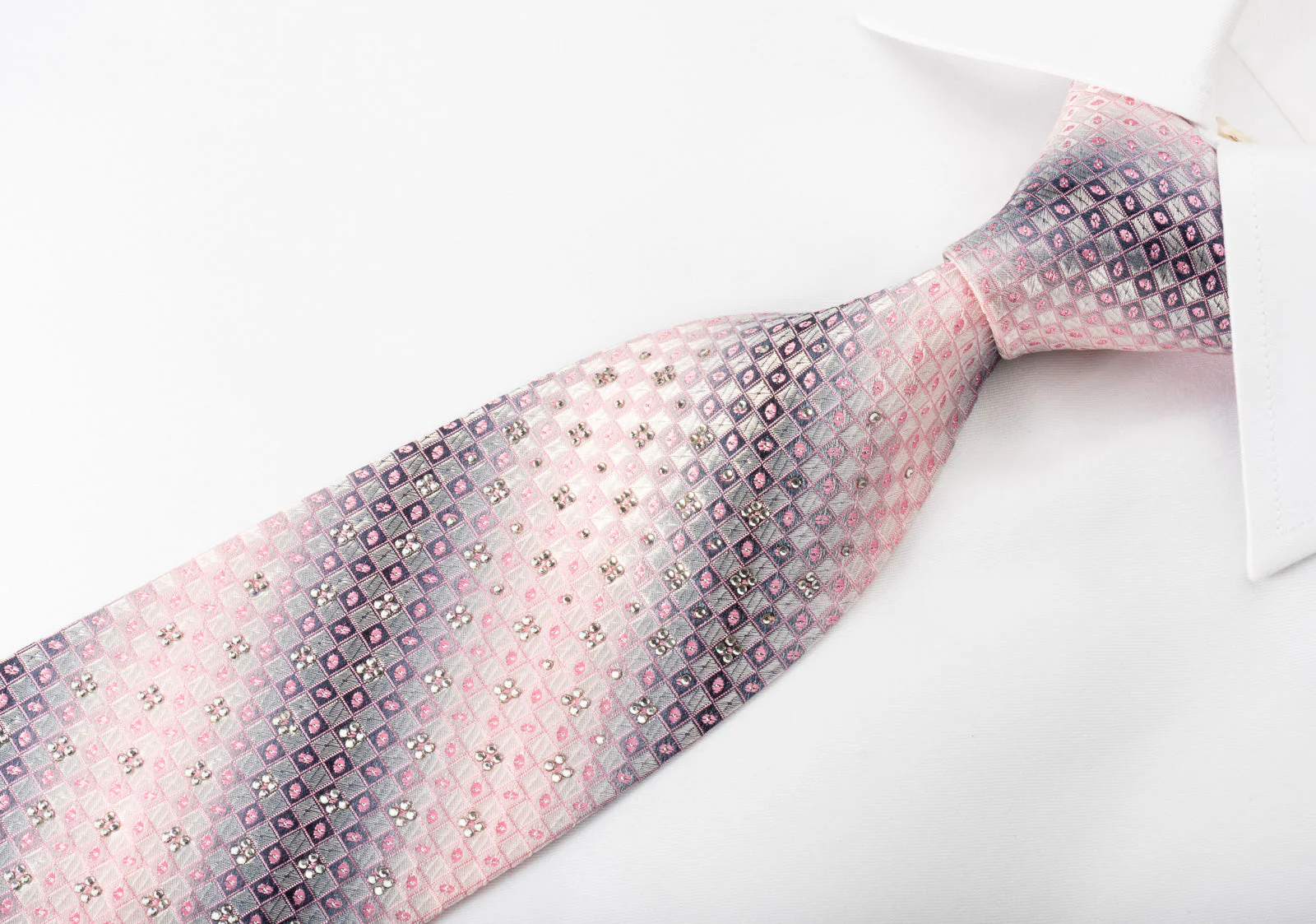 Yezak Silk Rhinestone Necktie Silver Pink Checkered With Sparkles - Image 6