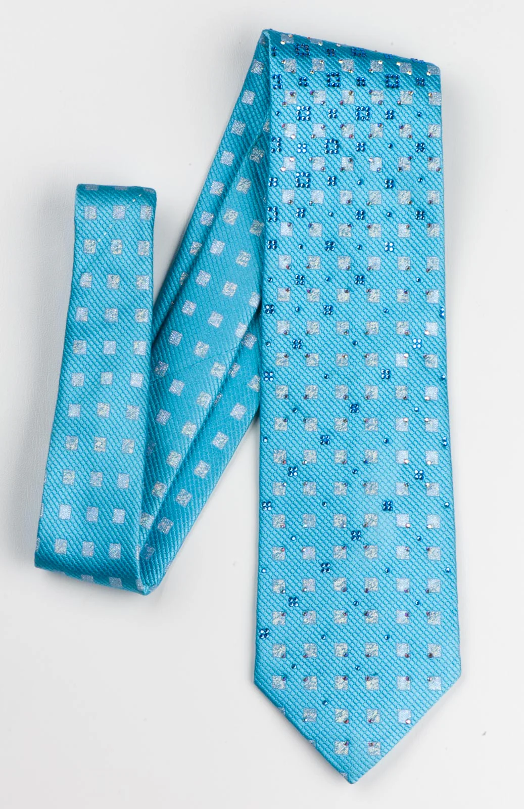 Yezak Woven Silk Neck Tie With Rhinestones Silver Squares On Light Blue - Image 4