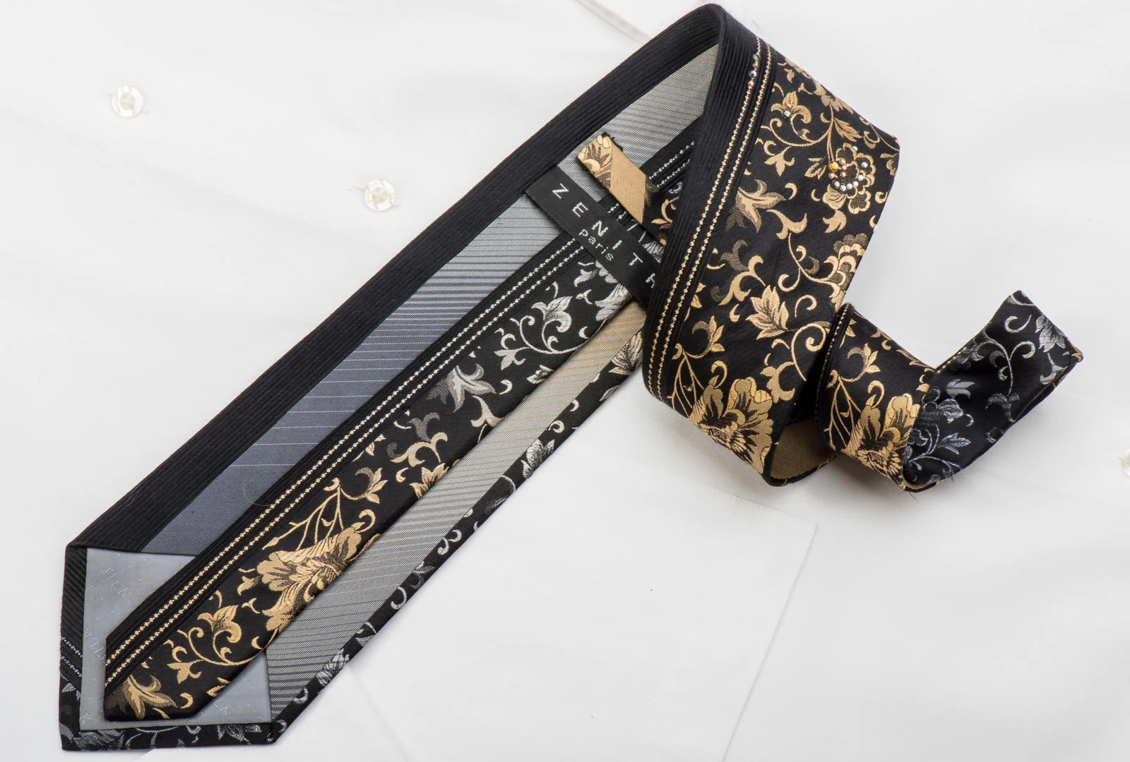 Zenith Rhinestone Tie Gold Silver Floral On Black With Sparkles - Image 4